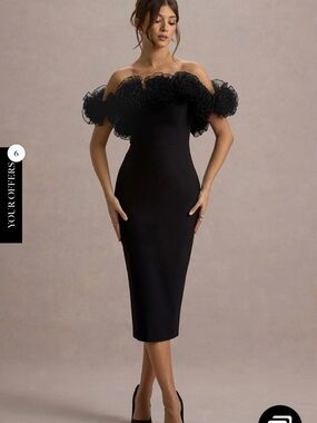 Club L London Black Off-Shoulder Midi Dress with Floral Ruffle